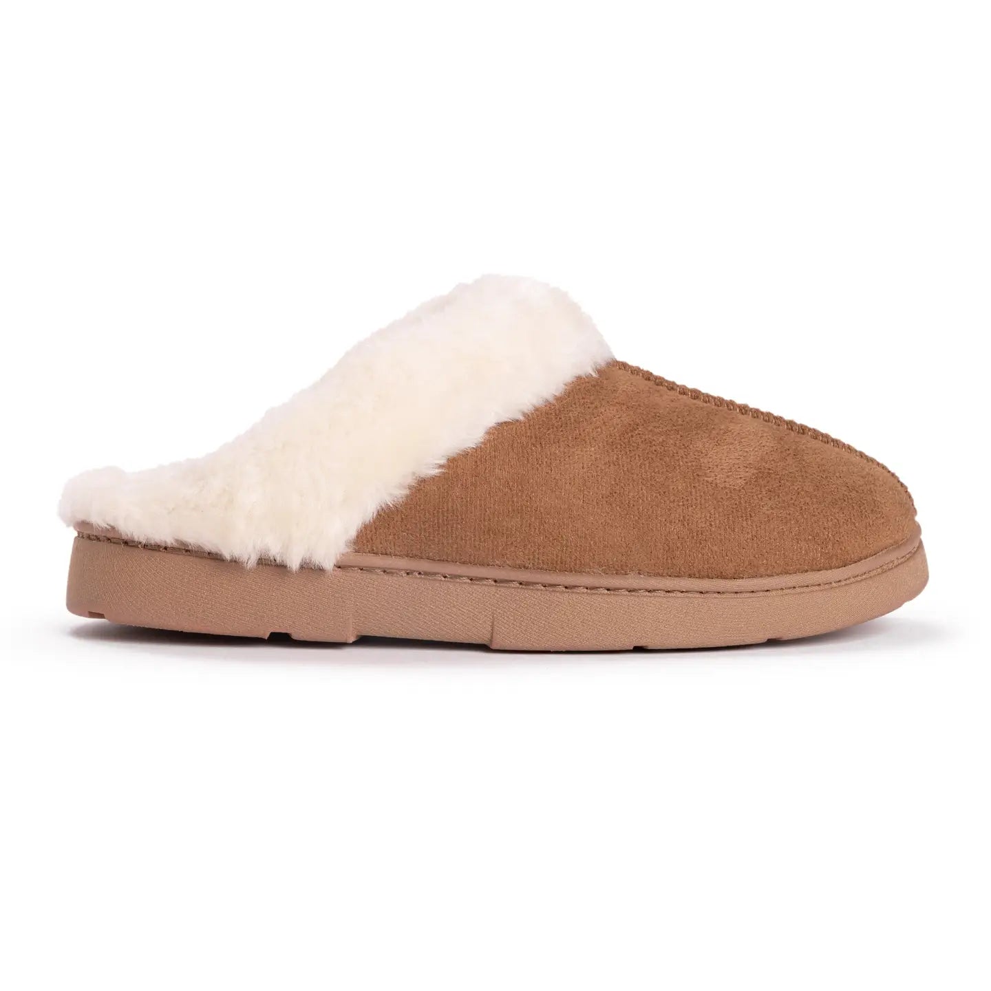 “Pair of chestnut brown sherpa-lined slippers with cream faux fur interior, shown on white background.”