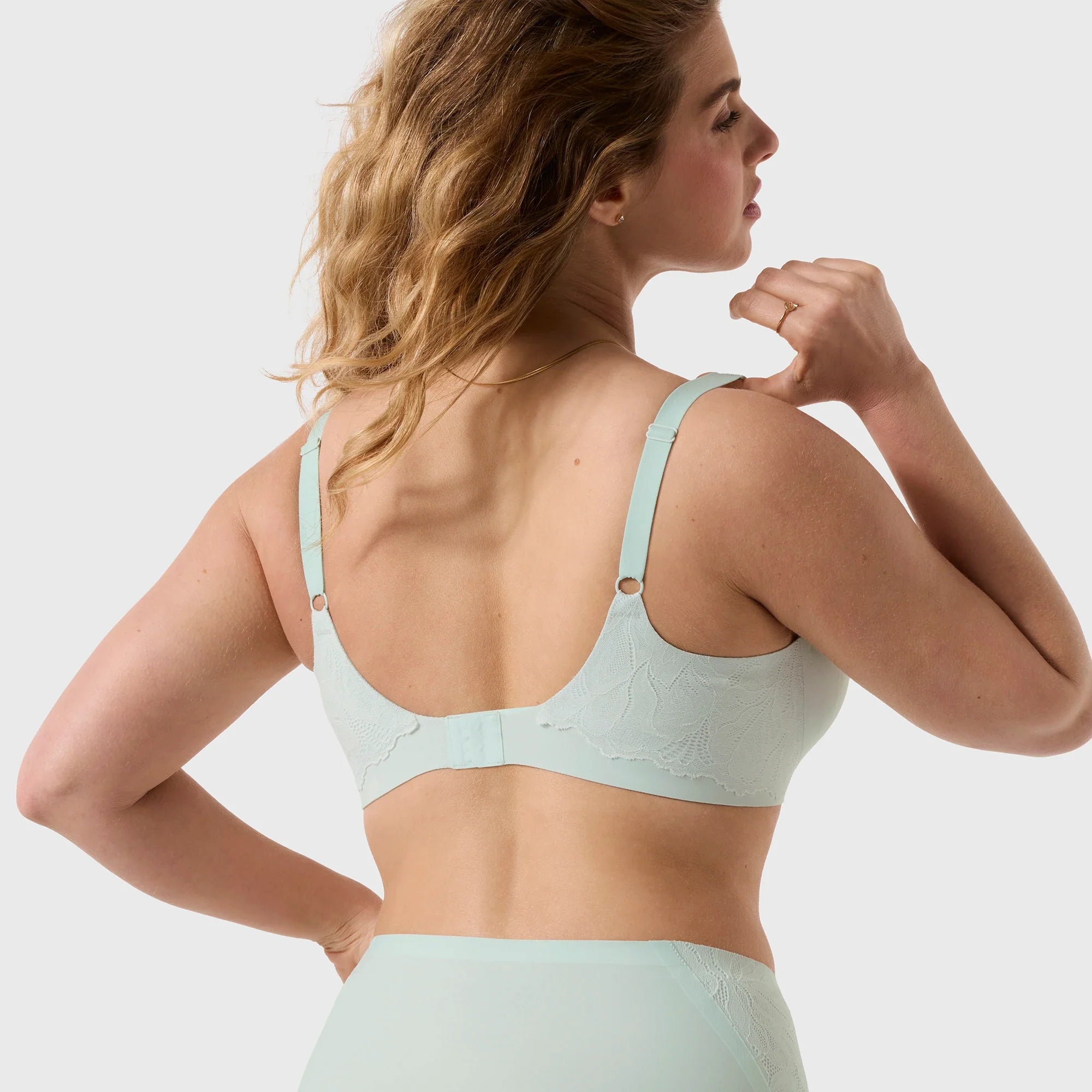 Back view of Evelyn & Bobbie Smooth Lace Beyond Bra in Ocean Mist, highlighting smoothing back band and no-wire design.