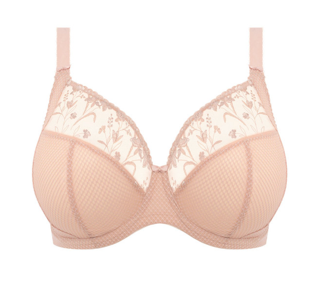 Elomi Charley Underwire Bra featuring shimmery floral embroidery and sheer mesh cups. Designed with a three-piece cup for forward-shaping lift, adjustable anti-slip straps, and a J-hook for racerback conversion. Shown in an elegant, breathable fabric ideal for everyday comfort and support.