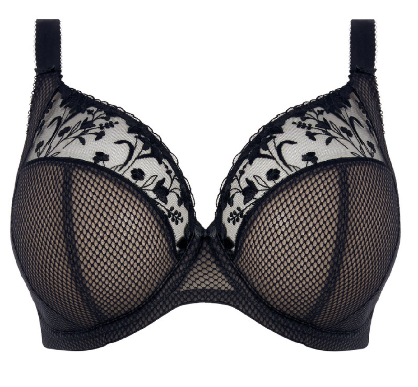 Elomi Charley Underwire Bra featuring shimmery floral embroidery and sheer mesh cups. Designed with a three-piece cup for forward-shaping lift, adjustable anti-slip straps, and a J-hook for racerback conversion. Shown in an elegant, breathable fabric ideal for everyday comfort and support.