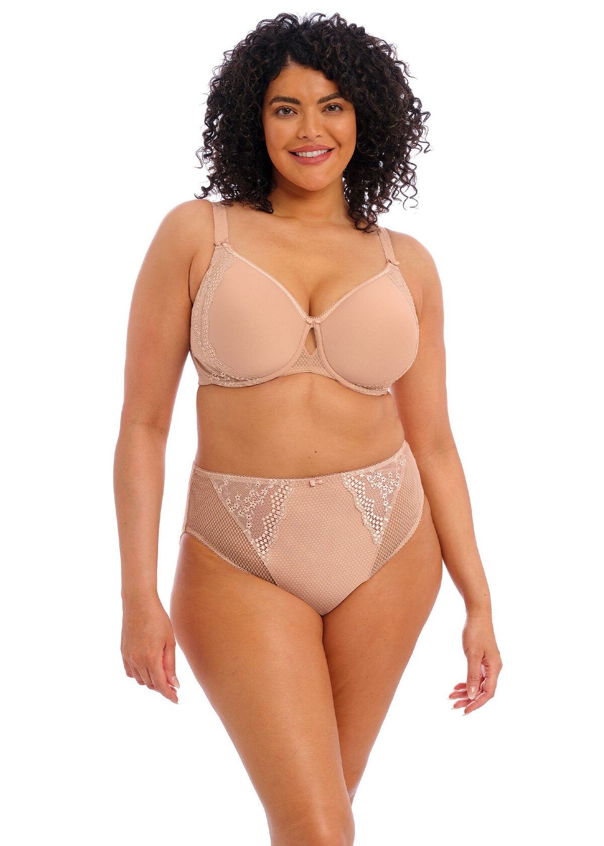 Elomi Charley Underwire Bralette in Fawn shown from the front, highlighting the soft mesh cups and delicate lace neckline.