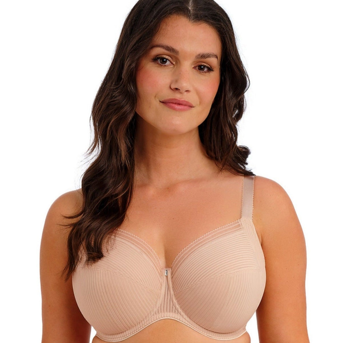 Front view of Fantasie Fusion Bra in Natural Beige, featuring soft striped jacquard fabric with three-piece cups for uplift and forward projection.