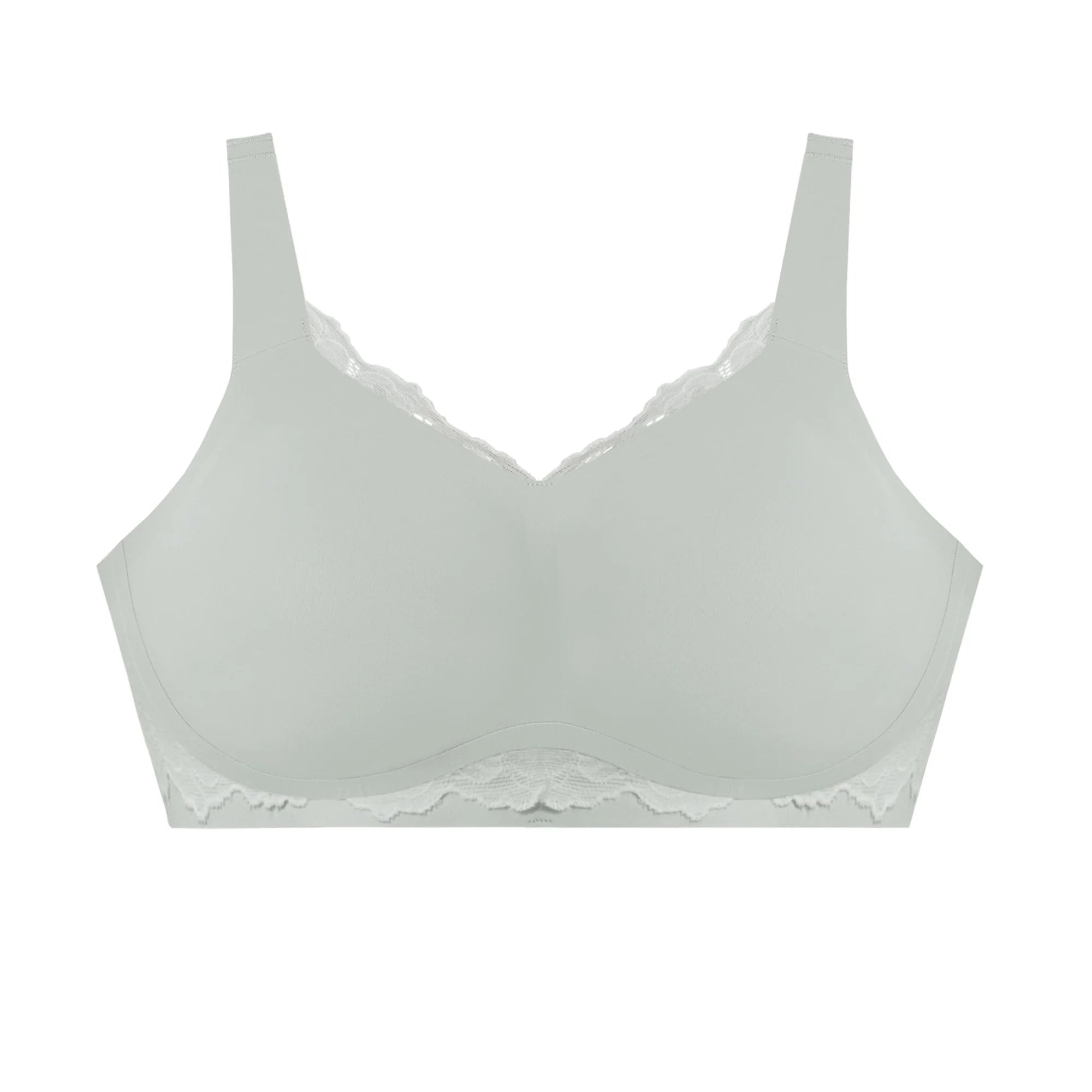 Front view of Evelyn & Bobbie Smooth Lace Beyond Bra in Ocean Mist, with delicate four-way stretch lace and seamless lift.