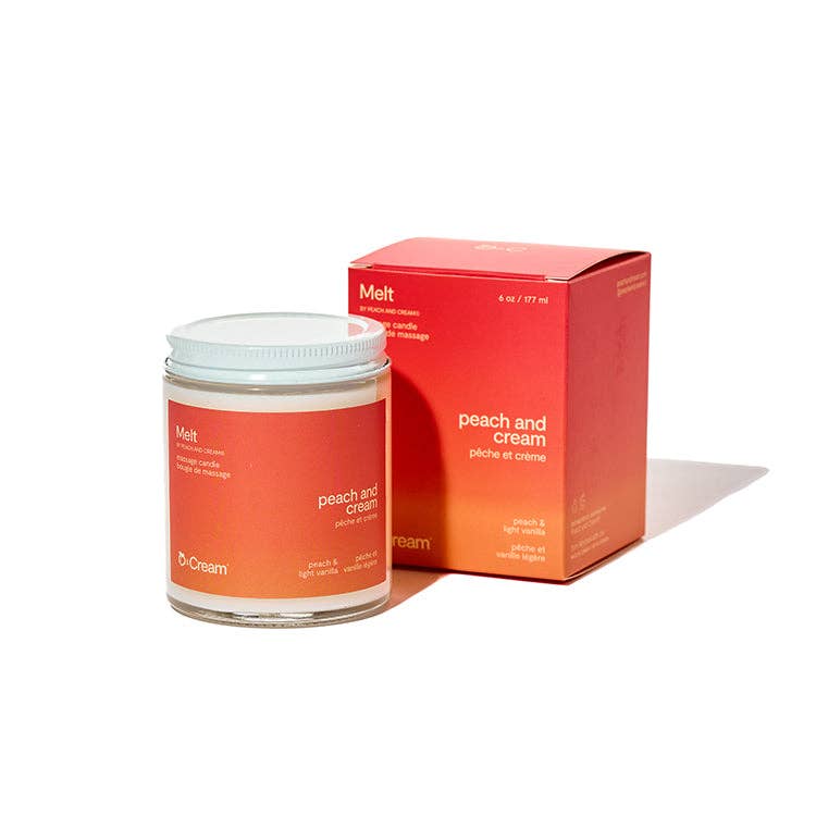 Peach and Cream all-natural massage candle by Peach and Cream, made with soy wax, mango butter, apricot oil, and vitamin E, melting into a smooth massage oil. Features a fruity peach and vanilla scent, lasting 8-12 uses or 50-60 hours. Available at The O Shop.