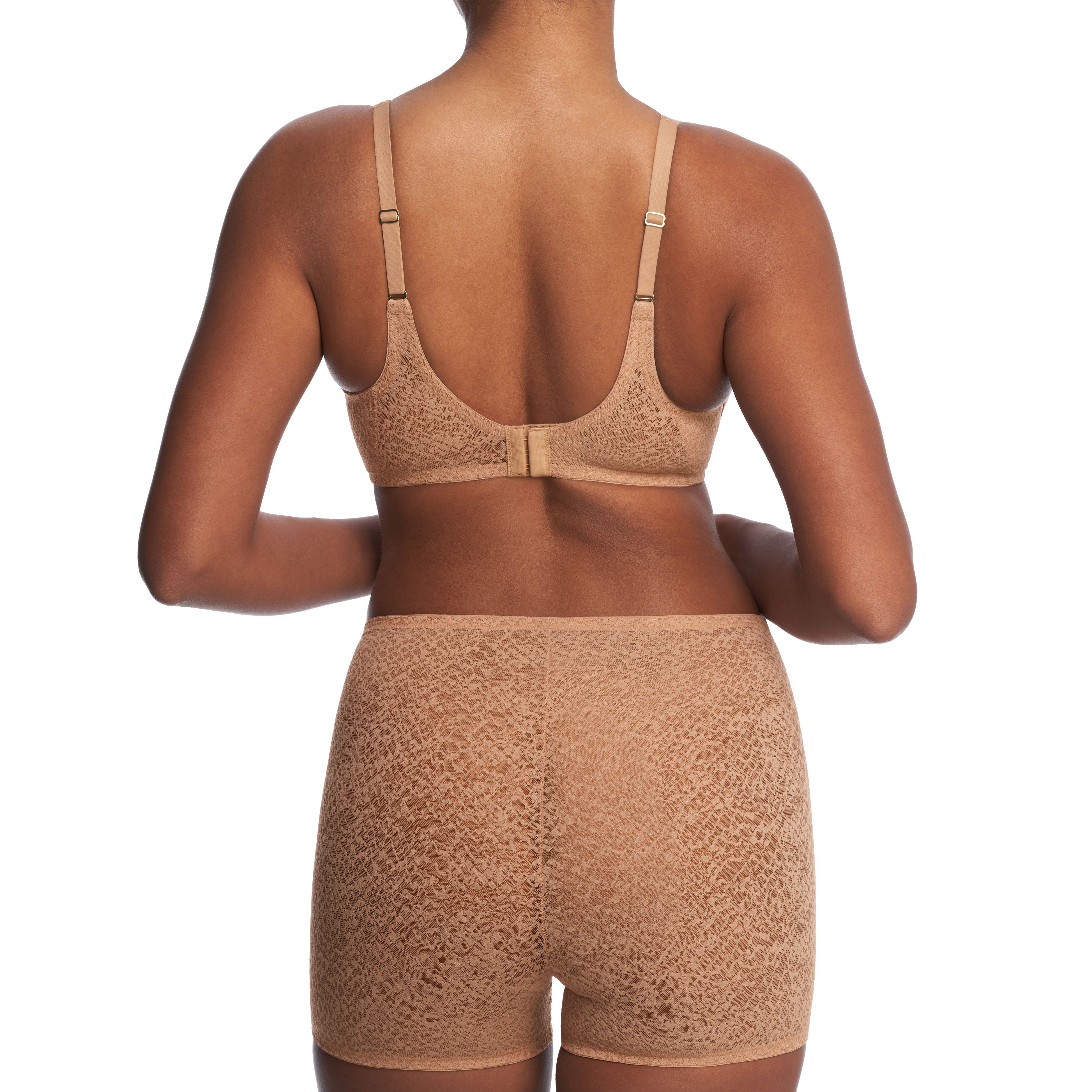 Model wearing a buff nude lace full-coverage underwire bra with matching smoothing shortlette, shown from the back.