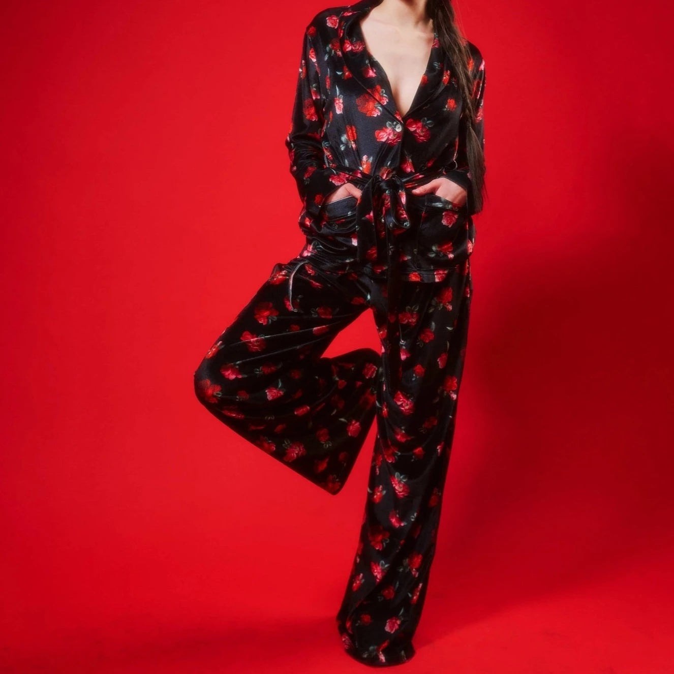 Kilo Brava Velvet Pajama Set with festive red ribbon packaging, perfect for holiday gifting.