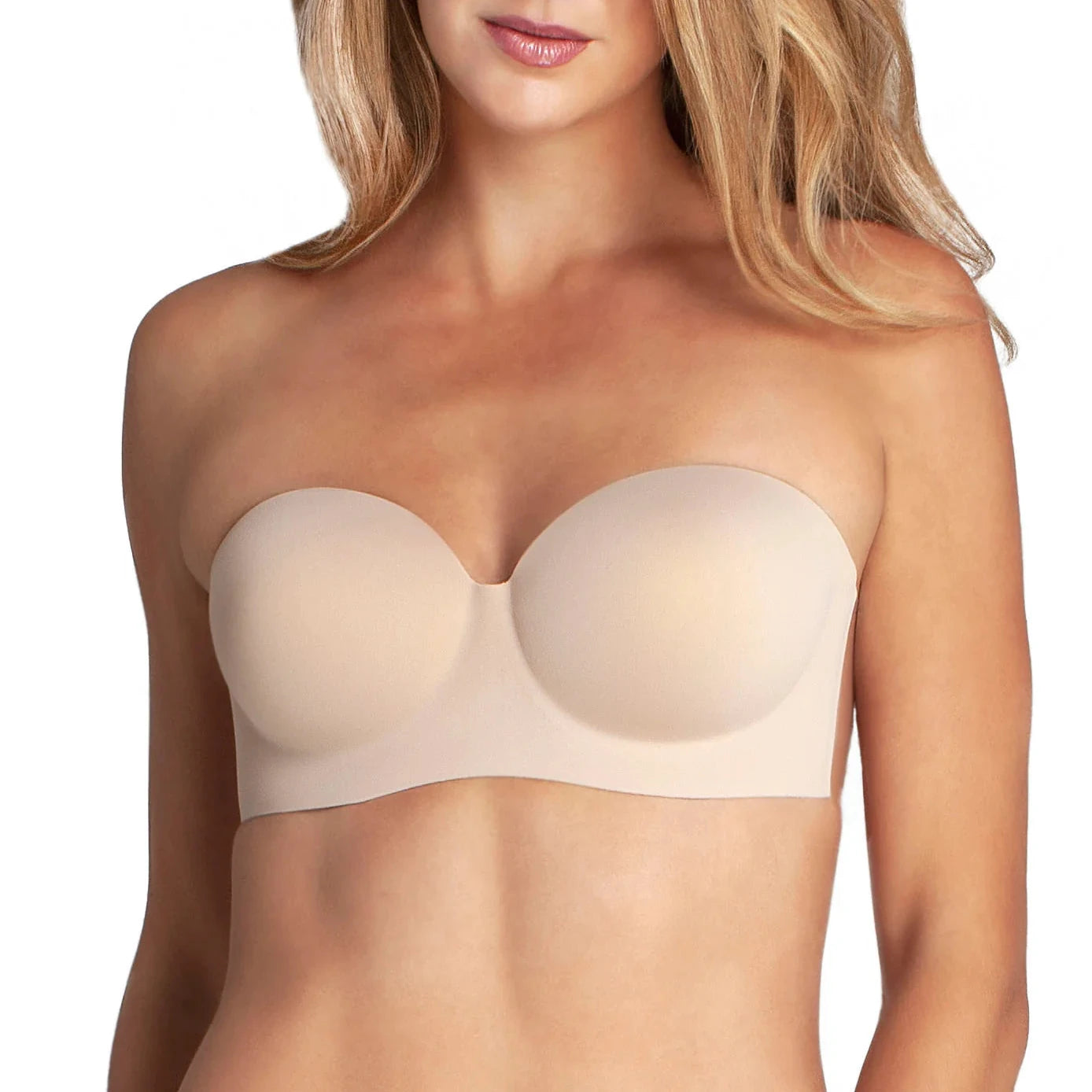 Front view of the Voluptuous Backless Strapless Bra, featuring molded, seamless cups with a deep plunge neckline and invisible adhesive side wings, designed for fuller bust support without visible straps or back band.