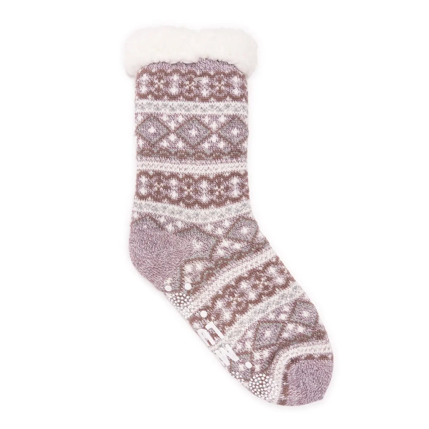 “Single cozy slipper sock with mauve and cream Fair Isle pattern and a white sherpa cuff, shown on a white background.”