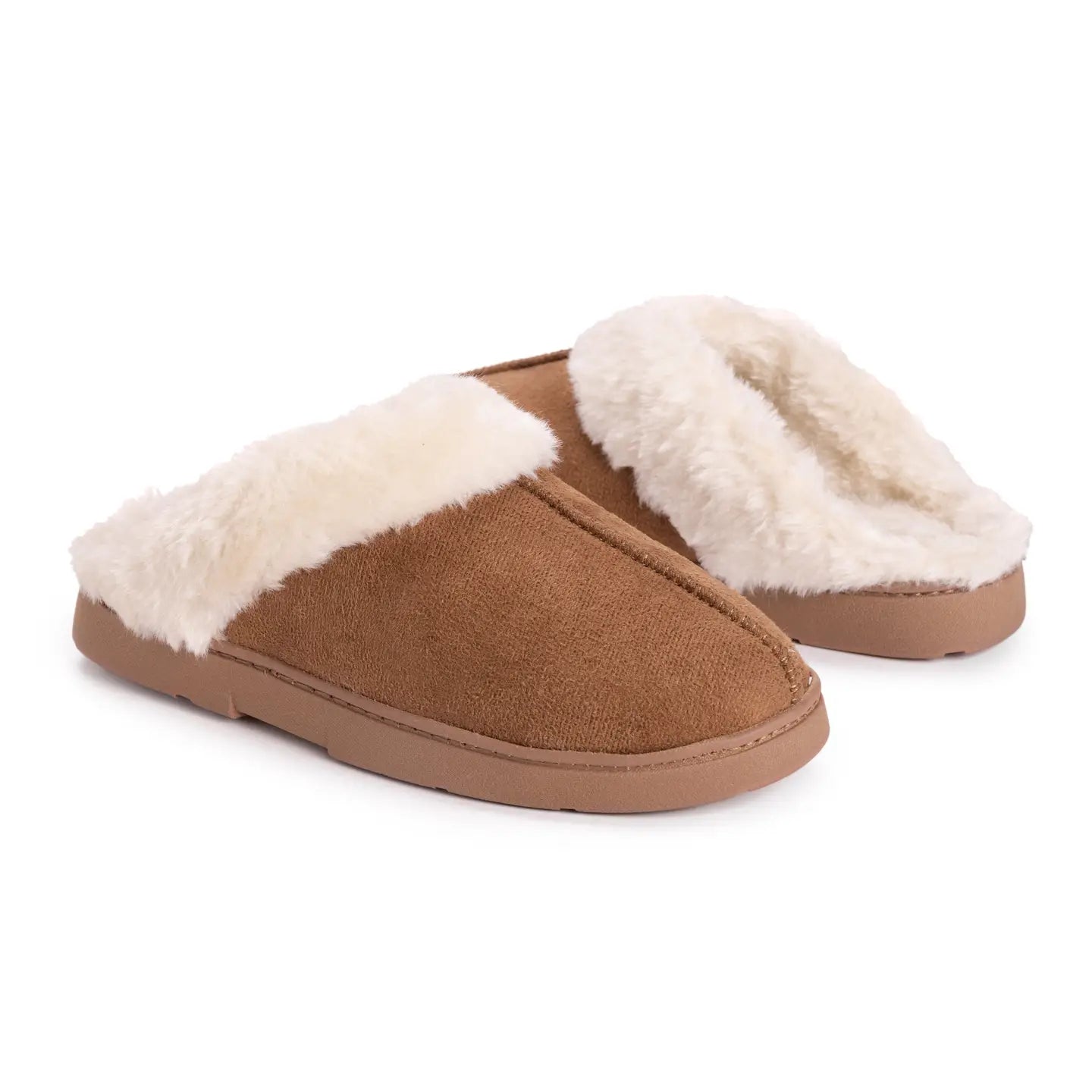 “Pair of chestnut brown sherpa-lined slippers with cream faux fur interior, shown on white background.”