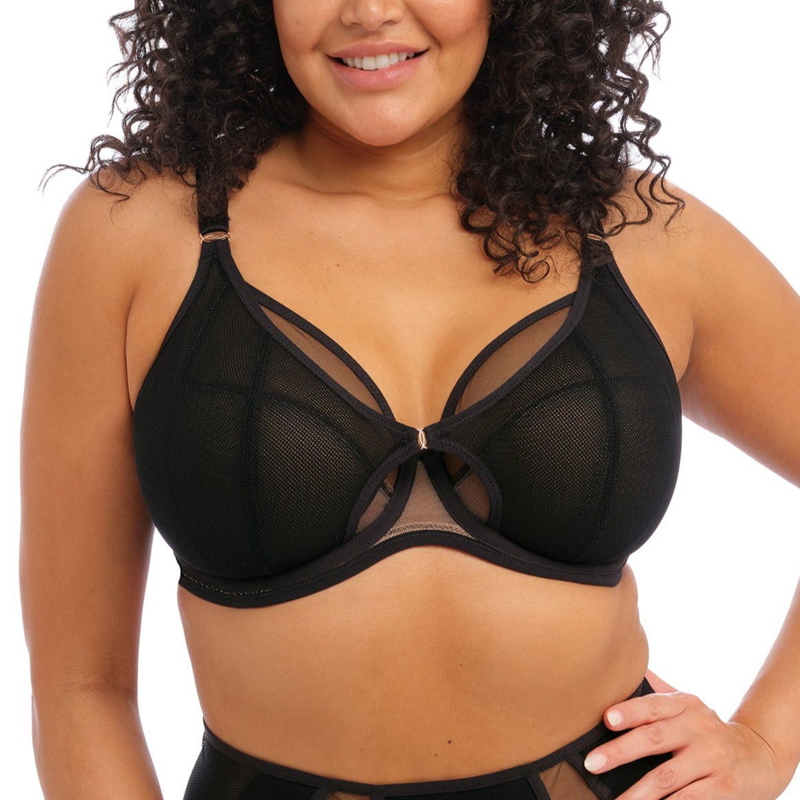 Elomi Kintai Plunge Bra with black fishnet overlay, Café Au Lait lining, and rose gold accents. Designed for comfort and style, available at our Worcester shop.