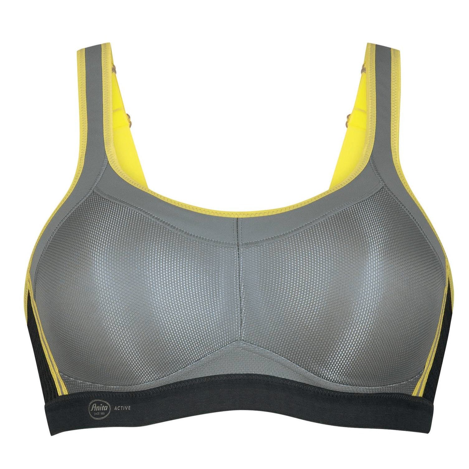 Anita Active Momentum Sports Bra with seamlessly pre-shaped cups, designed for high-impact support up to an H cup. Features sweat-wicking fabric with a subtle sheen for moisture management, keeping you cool and comfortable during intense workouts. Available at The O Shop.