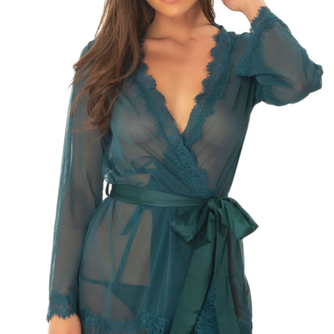 Nora Sheer Mesh and Lace Robe in emerald green with decorative lace trim and matching G-string, available at The O Shop.