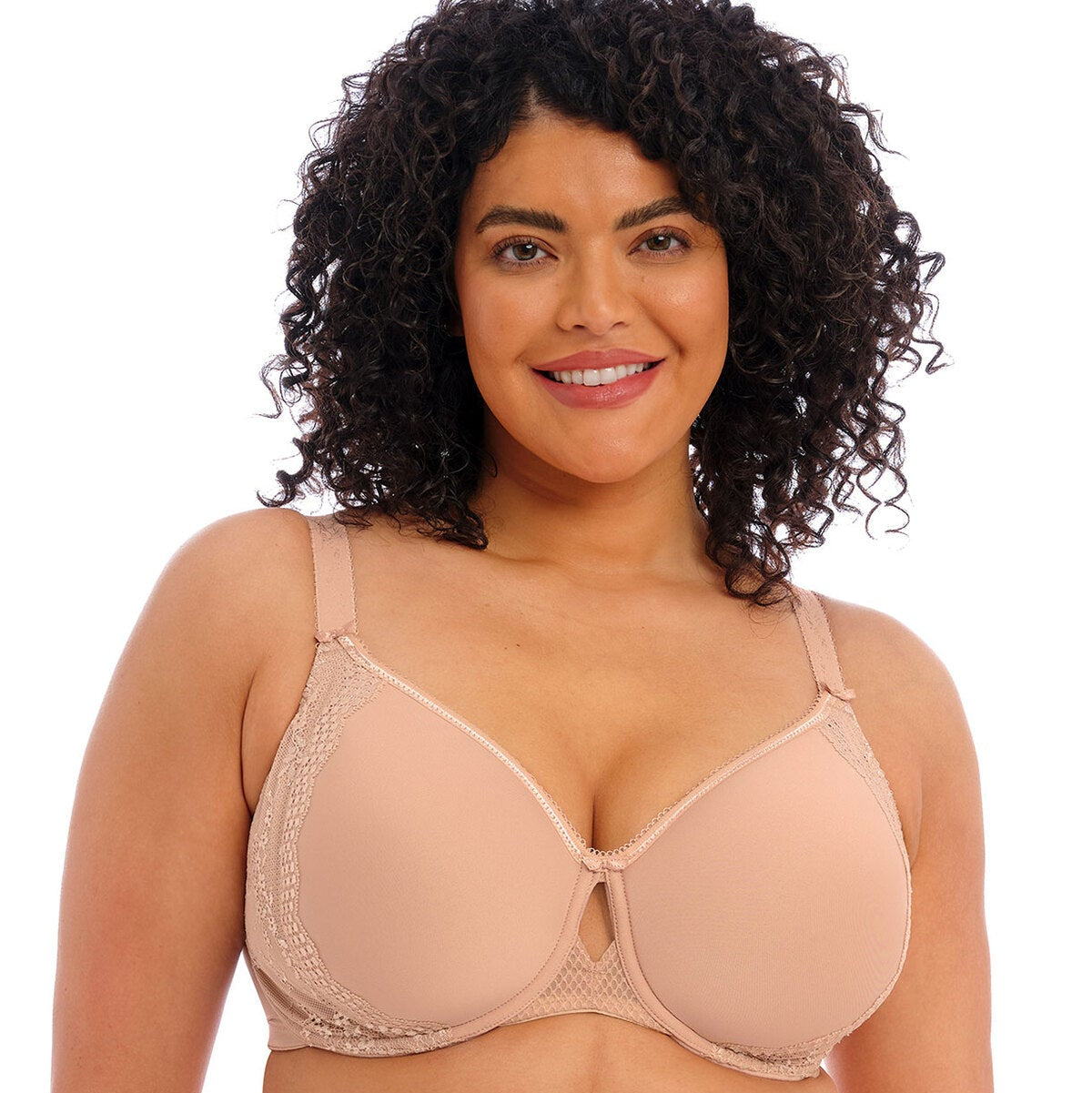 Front view of Elomi Charley Bra in Fawn, featuring light diamond mesh and floral stretch lace detailing.