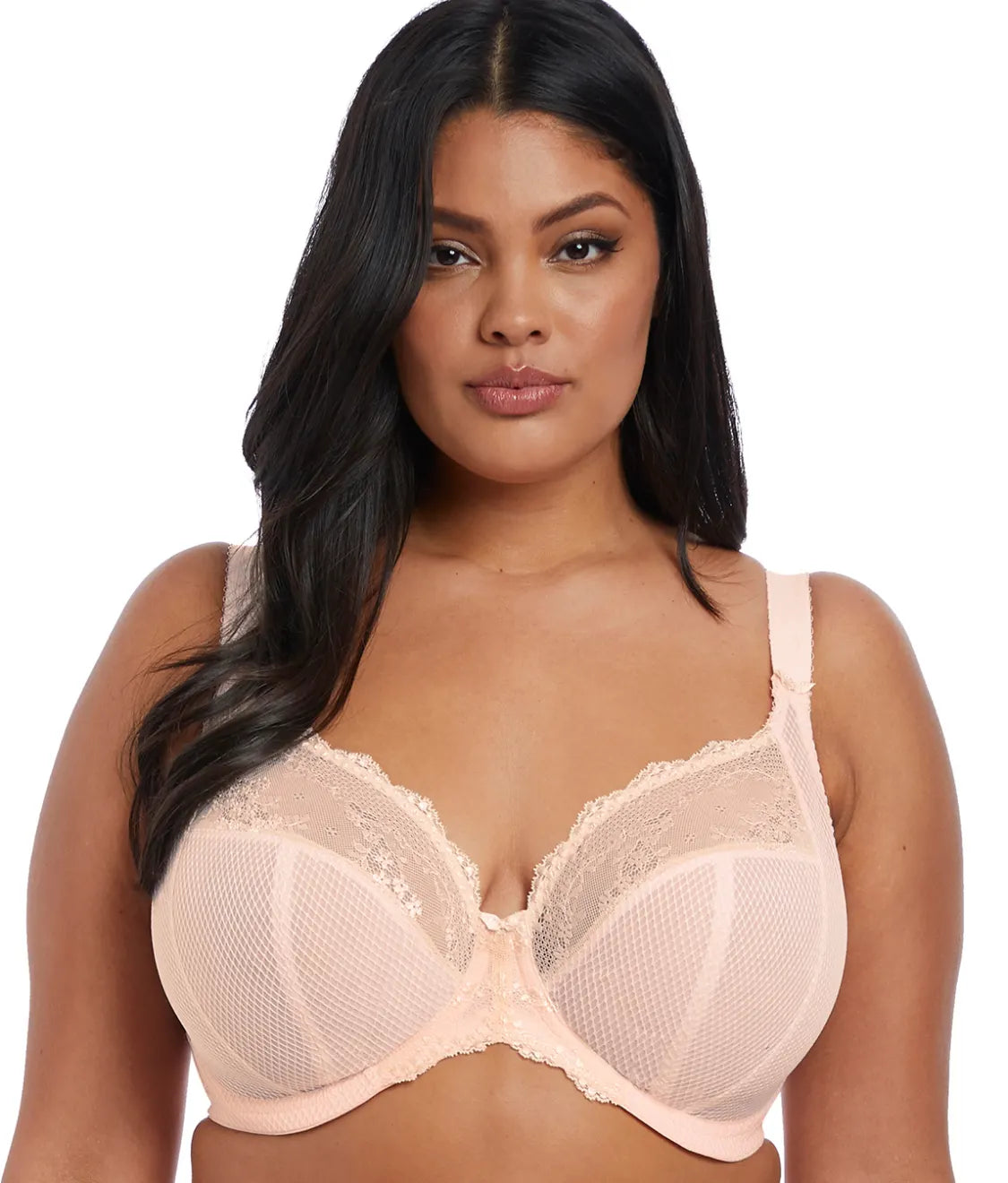 Elomi Charley Plunge Bra with floral embroidery and side support panel. Racerback J-hook option available, at The O Shop in Central Massachusetts.