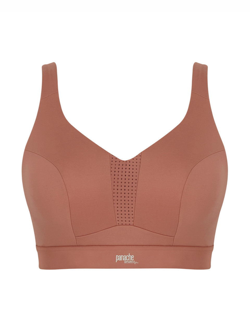 Front view of the Panache Endurance Sports Bra in terracotta, showing the smooth molded cups, breathable center panel, and wide supportive band.