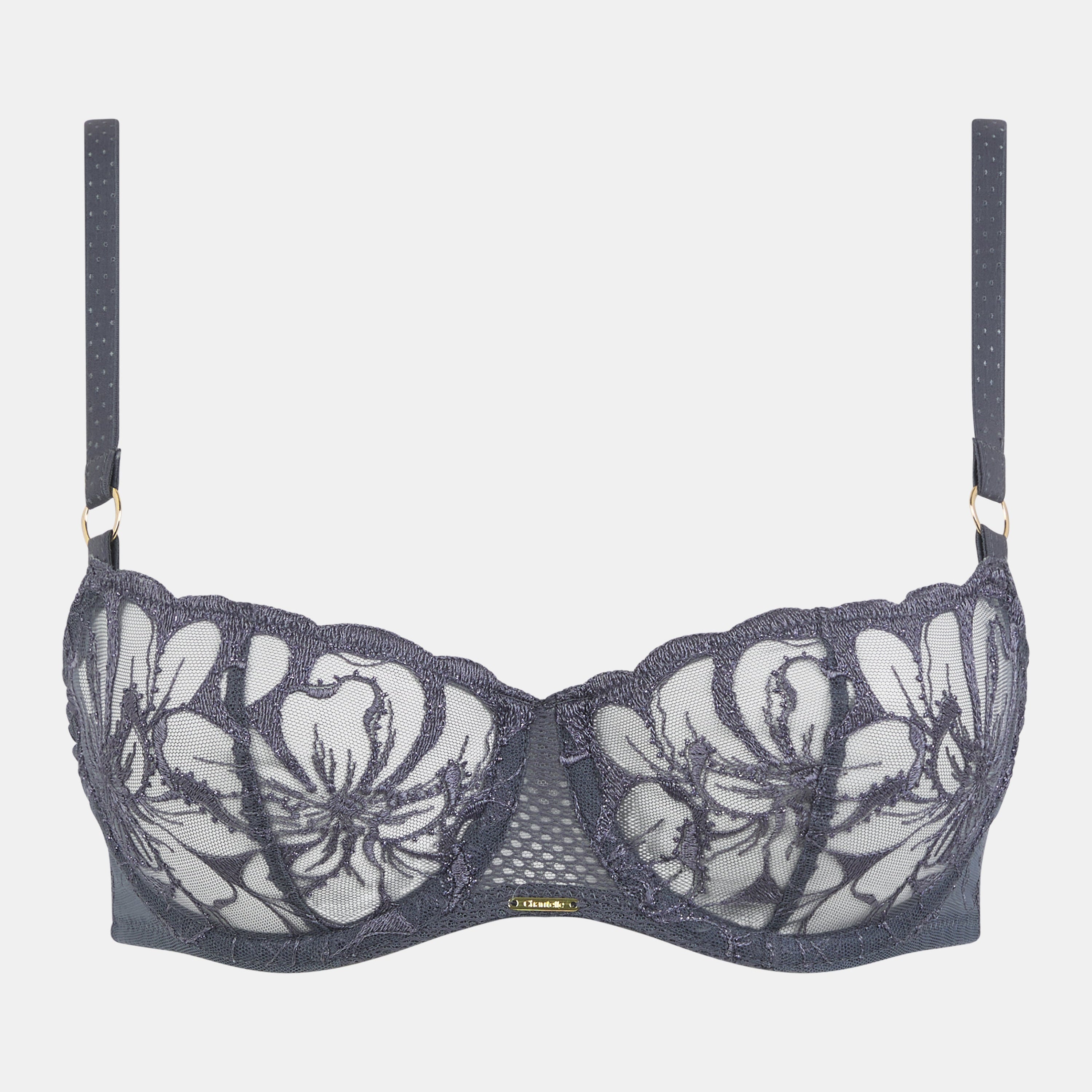 Chantelle Fleurs Unlined Bra in Stardust Grey displayed on a white background, highlighting the sheer floral embroidery, underwire structure, and dotted straps.