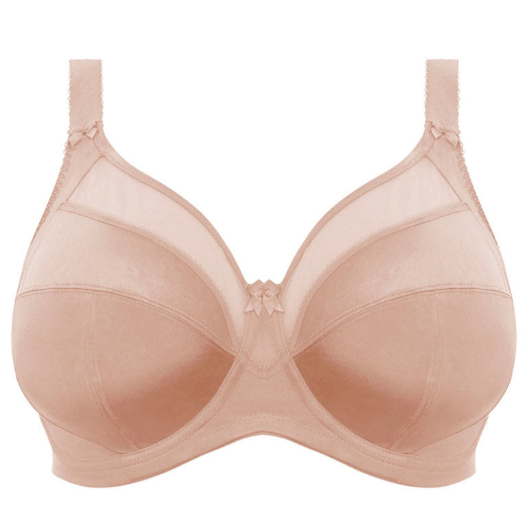Front view of the Goddess Keira bra in fawn, featuring a three-section cup with side panel for forward shape and lift. The silky soft simplex fabric creates smooth shaping, while the sheer top cup with a V-neck plunge adds a lighter look and flattering neckline. The bra has limited-stretch straps for comfort, two to three rows of hook-and-eye closures depending on size, and a small bow detail at the center front.