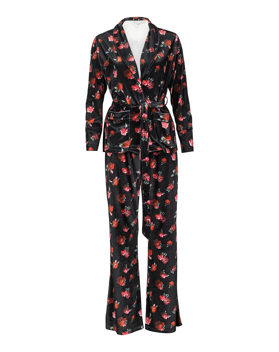 Luxurious Kilo Brava Velvet Pajama Set in ruby wine scholarly plaid, featuring contrast piping and gold buttons