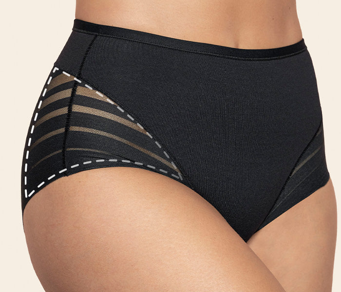 High-waisted, no-show shaping panty with cotton gusset and moderate compression for flattering fit and lift.