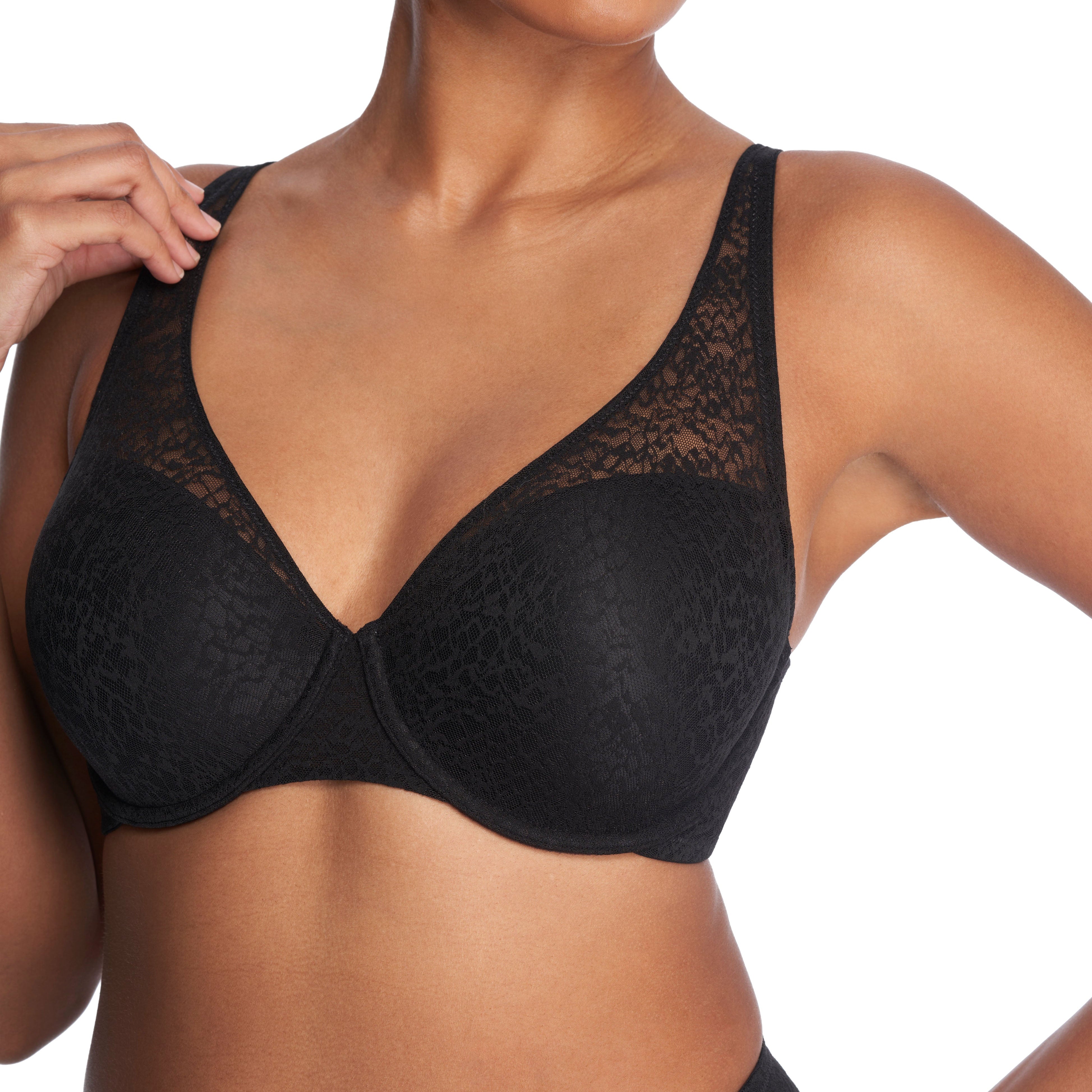 Close-up of a black lace full-coverage contour underwire bra with molded cups and lace upper panels.