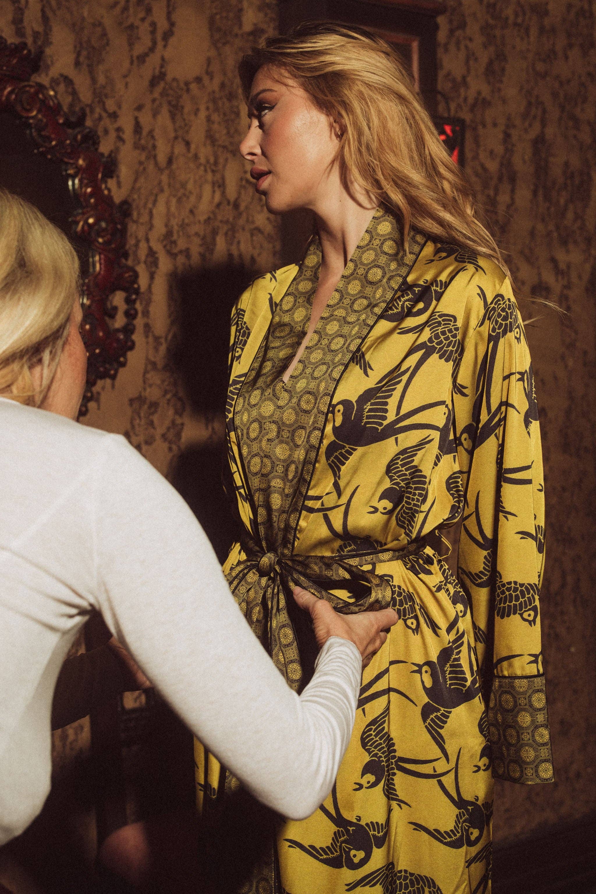 Swallow Print Satin Lounge Robe