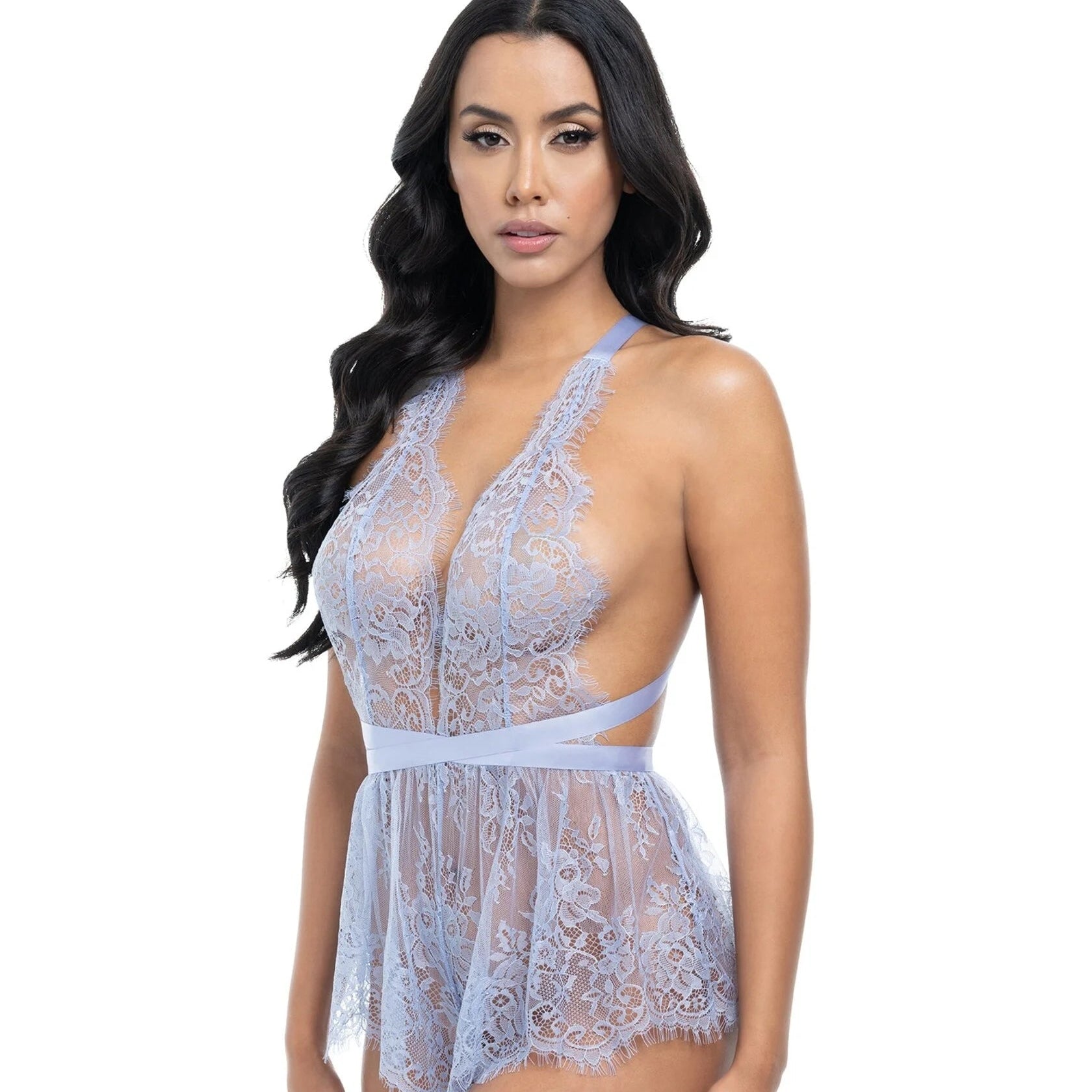 The Oh La La Cheri Brea Lace Fashion Romper is made of delicate eyelash lace, perfect for any occasion. The functional tie allows for both comfort and customization, making it a must-have in your wardrobe.