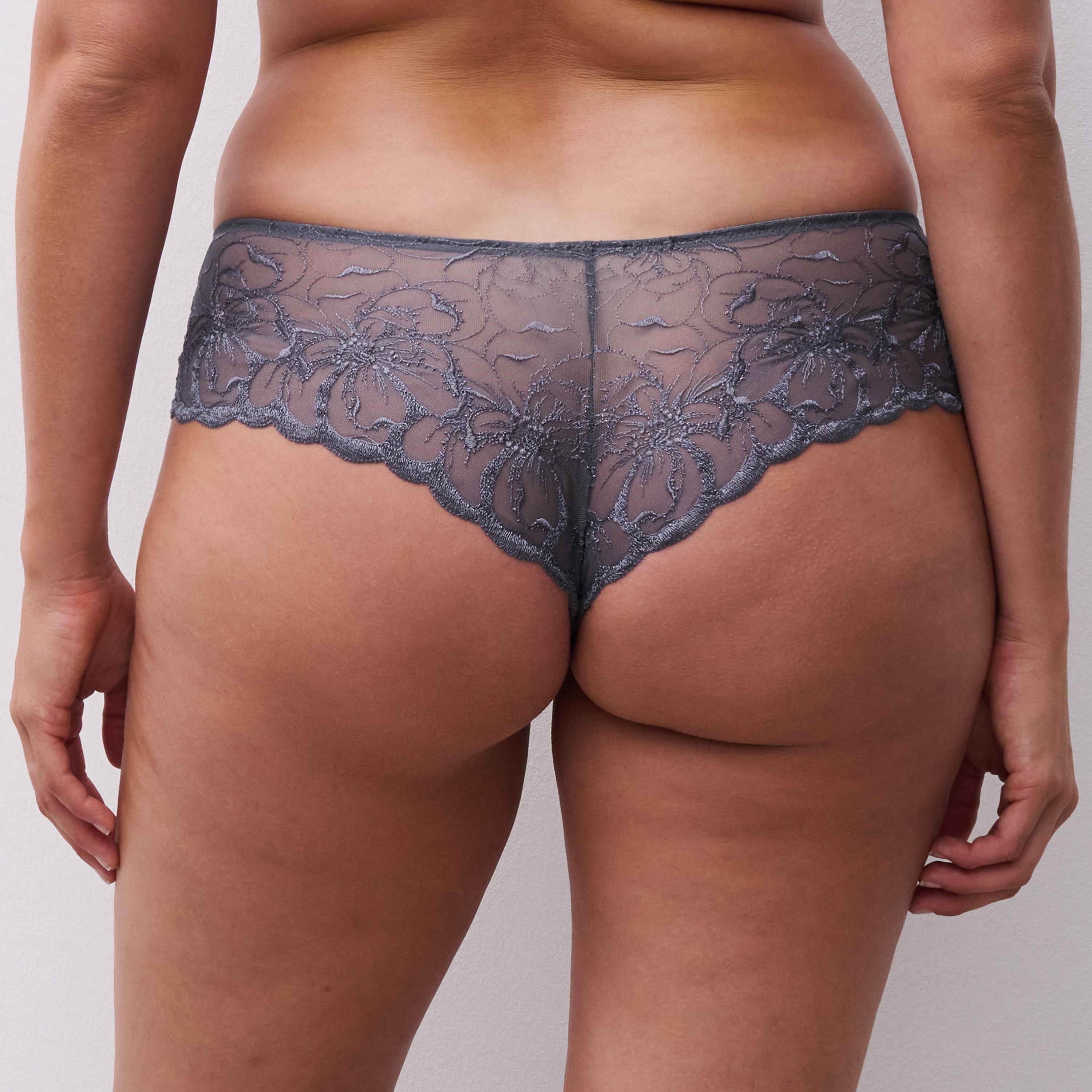 Back view of a model wearing the Chantelle Fleurs Lace Hipster in Stardust Grey, showcasing the sheer embroidered floral lace and cheeky scalloped design.