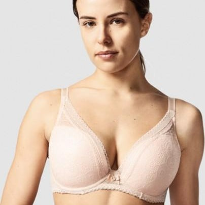 Festivité Lace Plunge Bra with flat lace overlay, plunging V neckline, lightly lined underwire cups, and adjustable straps. Designed in France and available at The O Shop.