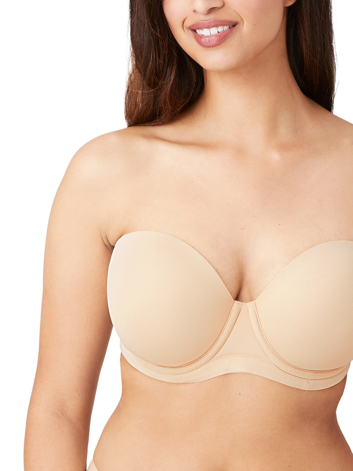 Seamless Wacoal Strapless Bra featuring medical-grade silicone and hidden stays for secure support.