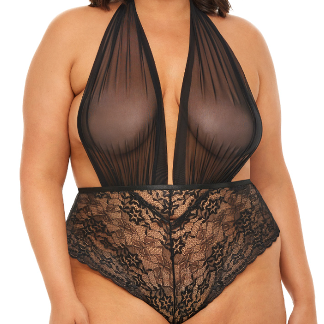 Sheer black mesh halter teddy with intricate lace detail on the lower half, available at The O Shop.